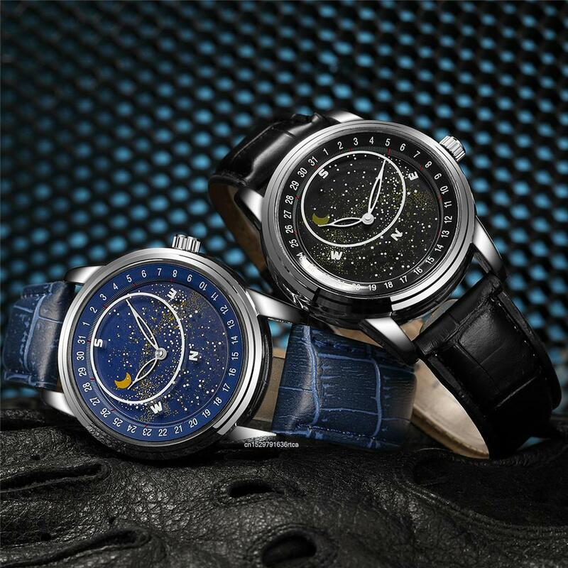 แฟชั่นความคิดสร้างสรรค์นาฬิกาแบรนด์ผู้ชายส่องสว่างการออกแบบท้องฟ้าเต็มไปด้วยดวงดาวกีฬานาฬิกา Comfort PU ผู้ชายหนังนาฬิกาข้อมือนาฬิกา