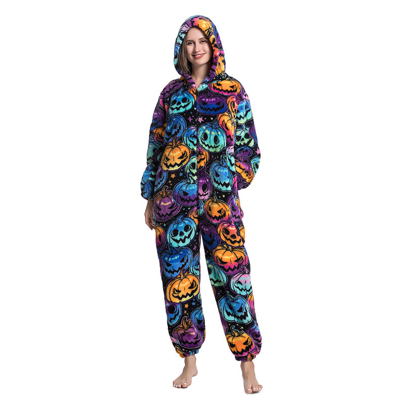 Pijama de flanela com capuz feminino, macacão coral velo, Onesies estampados, loungewear, pijamas com zíper, inverno