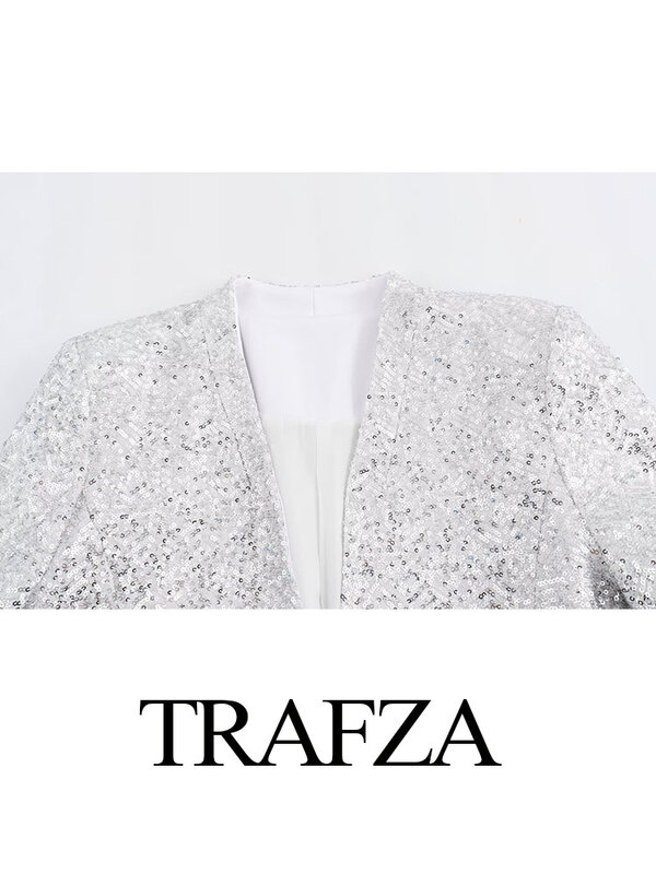 TRAFZA-Blazer Chic à Manches sulfet Paillettes Argentées pour Femme, Manteau à la Mode, Col en V, Poche, Slim, Décontracté, Streetwear
