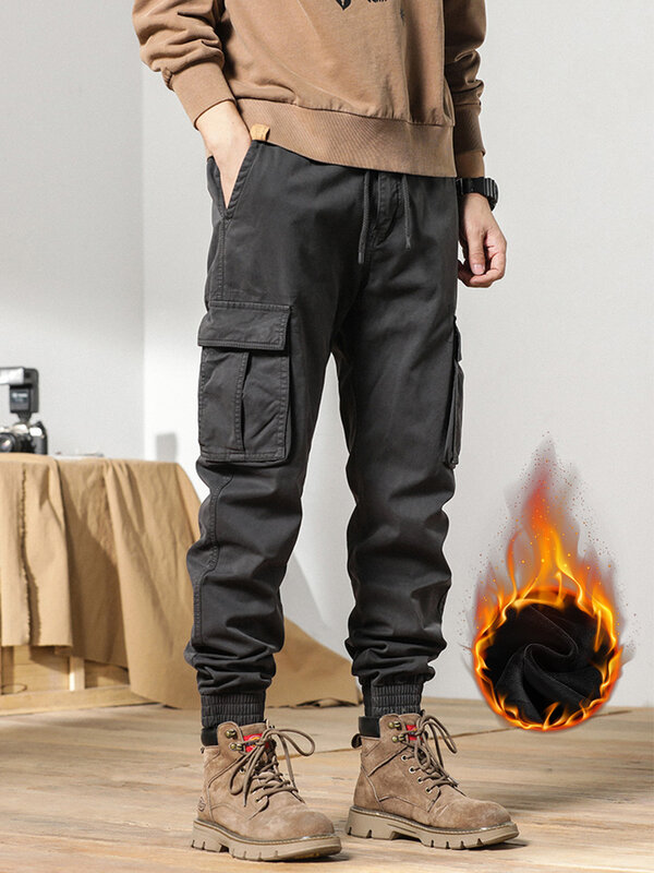 2023 nowe zimowe spodnie Cargo męskie z wieloma kieszeniami polarowa podszewka grube ciepłe kombinezony do joggersów bawełniane spodnie termiczne