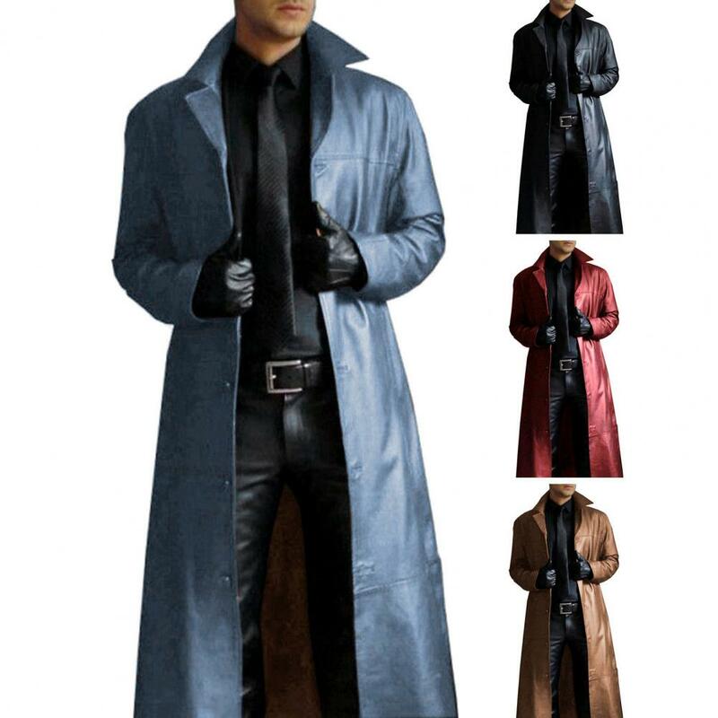 Jaqueta de couro falso masculina, jaqueta justa à prova de vento, streetwear longo, trench coat com gola virada para baixo
