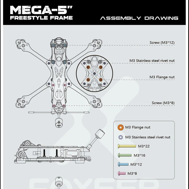Fixeer MEGA 5 "Freestyle v ramka 220mm T700 karbonowa jedwabista powłoka rama do O3 / Analog / Vista / HDzero / Walksnail RC Drone