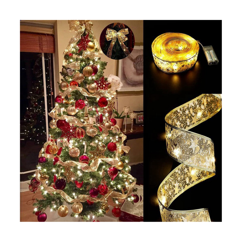 1Pcs 10Meter Christmas Ribbon Fairy Lights Christmas DIY Bow String Light Tree Ornament Home Christmas