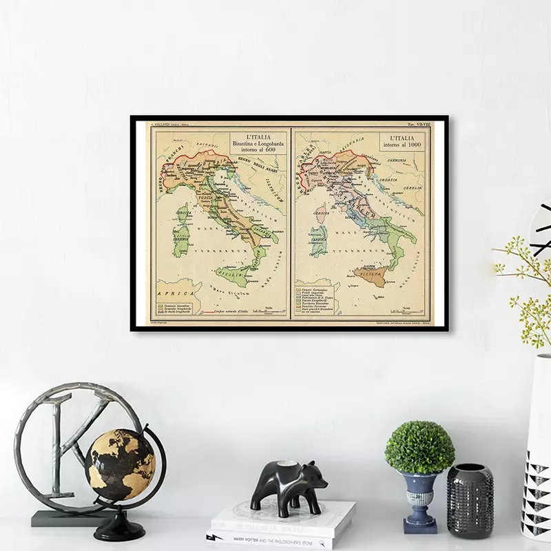 Póster Artístico de lienzo Vintage italiano para decoración del hogar, póster artístico de 84x59 cm con diseño de mapa de Italia en la pared italiana, material escolar