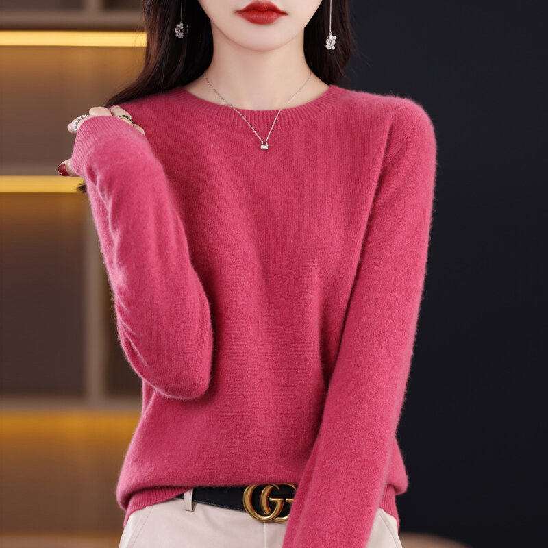 2023 neue Kaschmir Basic Top Langarm Frauen O-Ausschnitt Strick pullover reine Merinowolle Pullover Kleidung Strickwaren