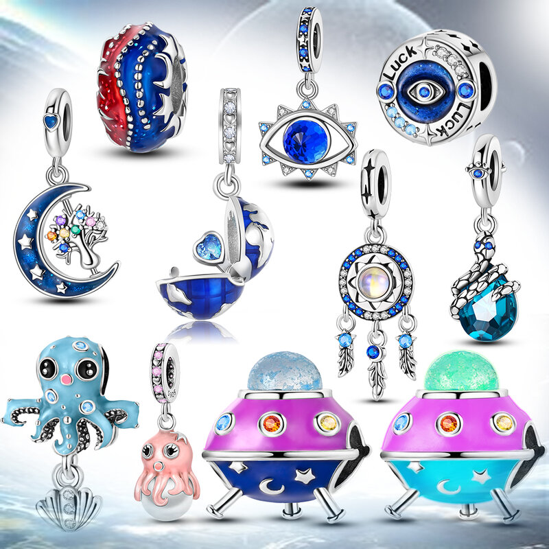Seria międzygwiezdna 925 srebrne nocne UFO & Earth i obce niebieskie oczy pasują do bransoletka Pandora kosmicznej biżuterii na prezent