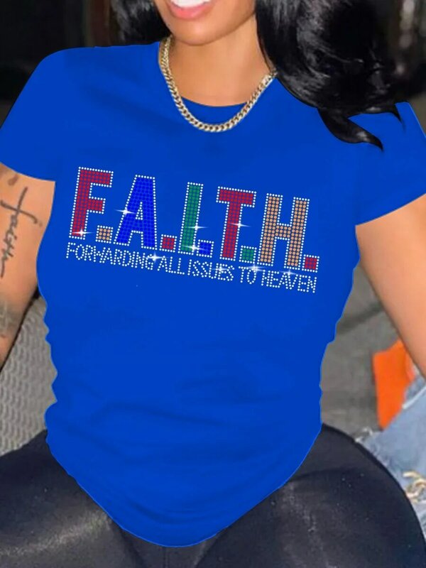 LW-Camiseta de talla grande para mujer, Camiseta con estampado geométrico degradado de letras Faith DE diamantes de imitación, manga corta, cuello redondo, ropa de moda para mujer
