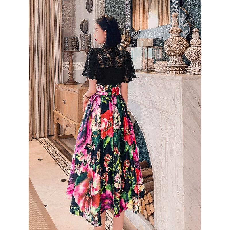 Женская модная элегантная юбка в стиле ретро с большим цветочным принтом, женские трапециевидные юбки средней длины, женские юбки с высокой талией Q636