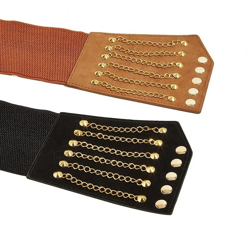 Cinturón de cuero sintético con remaches para mujer, faja ajustable con cadena, diseño de moda, temperamento