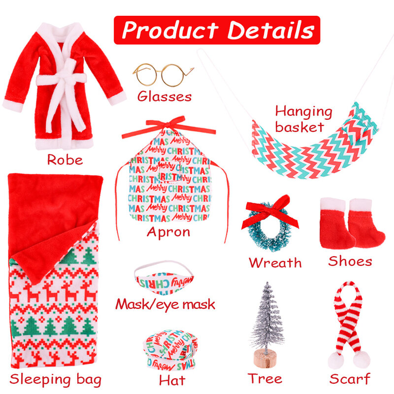 Conjunto de ropa de muñeca elfo, zapatos de muñeca elfo para decoración de Navidad, traje para niña, accesorios de juguete para niños, 10 piezas por juego