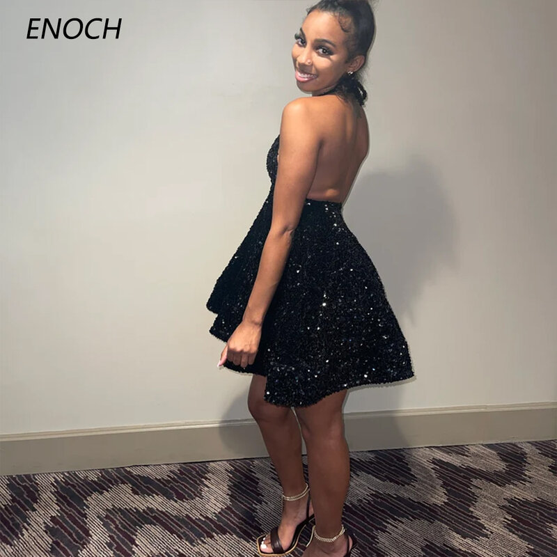 Gaun pesta leher V rendah seksi ENOCH gaun reuni manik-manik tanpa lengan tanpa punggung sederhana di atas lutut gaun pengantin baru