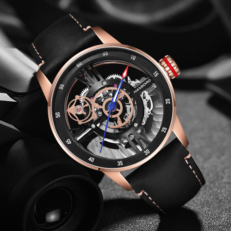 HANBORO Vogelnest Design Automatische Uhr Männer Mechanische Uhr 2021 Luxus Tourbillon Uhr Für Männer Leder Reloj Dorado