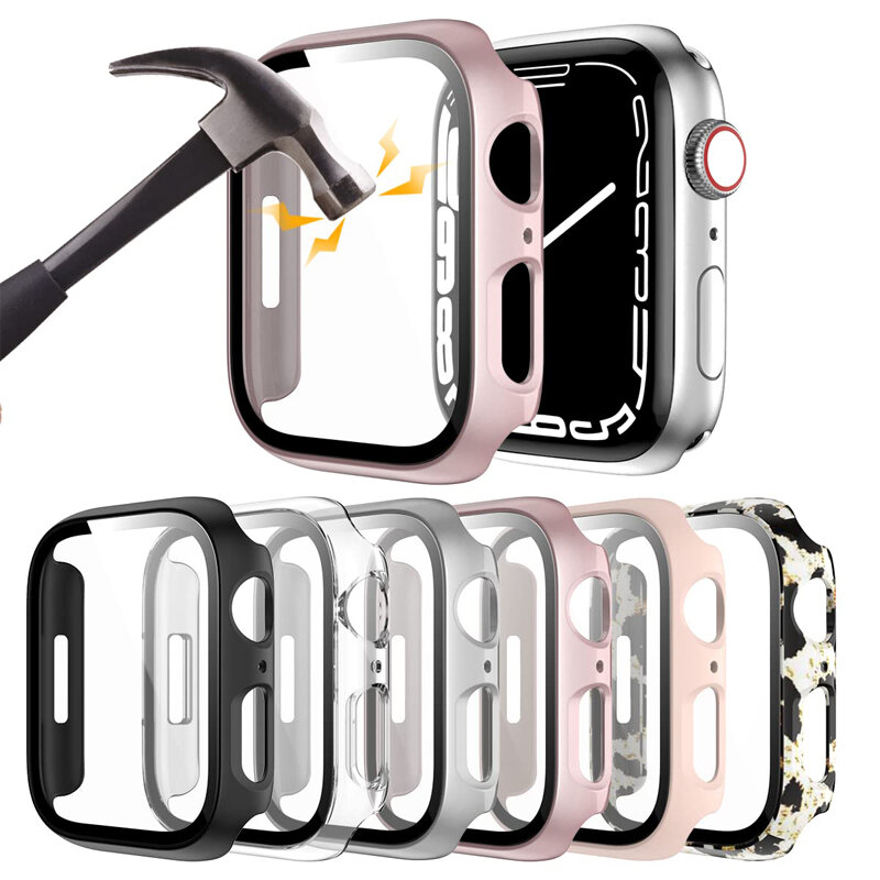 Apple Watch用ガラスおよびケース,スクリーンプロテクター,iwatch用アクセサリー9, 8, 7, 6, 5,4,3,se,45mm, 41mm 44mm、42mm
