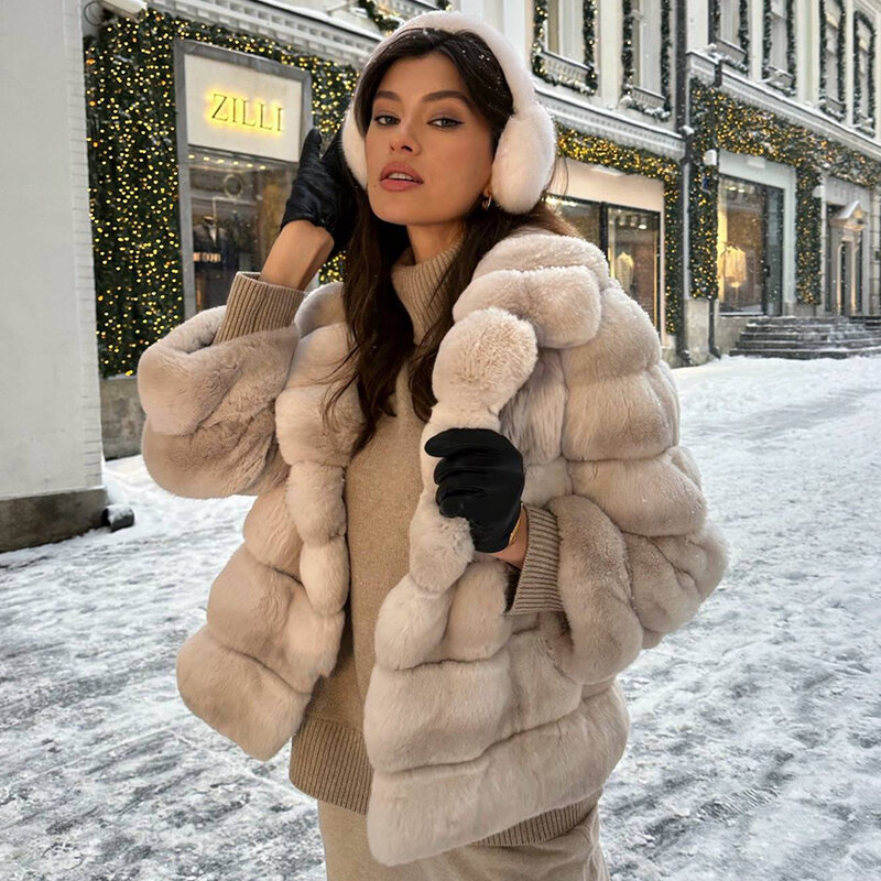Real Fur Jacket For Women With A Hood Winter Jackets Women Fur Hooded Coats Female Chinchilla Fur Coats Rex Rabbit Fur Coat