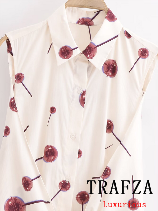 Trafza-女性のためのシックなヴィンテージフラワープリントのドレス、弓のレースアップボタン、ノースリーブシャツ、サマーホリデーファッション、2024