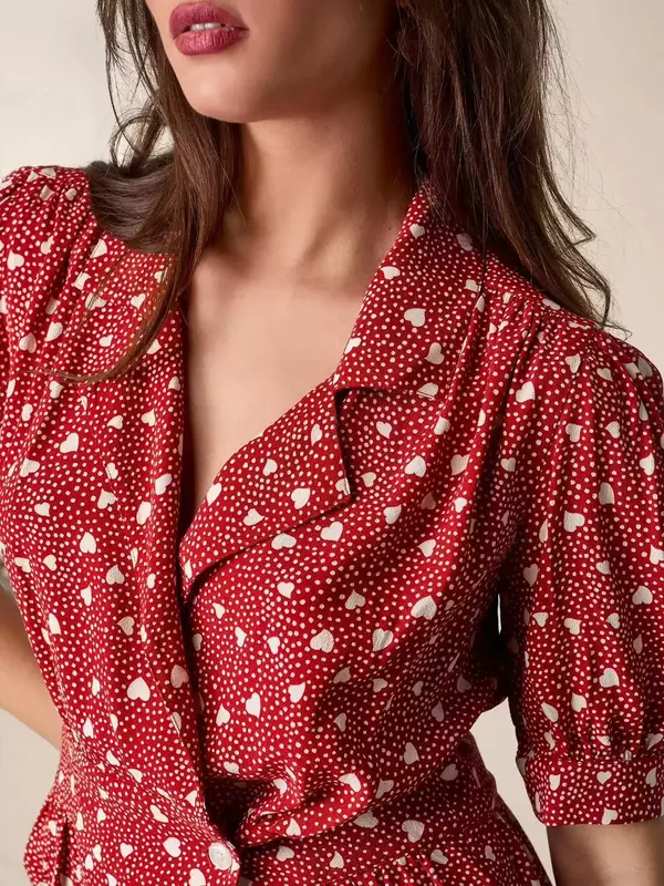Women's Wrapped Shirt 2024 Spring 100% Viscose Dot Heart-Shaped Printed  Turn-down Collar Lace-up Commuter Short Sleeve Blouse