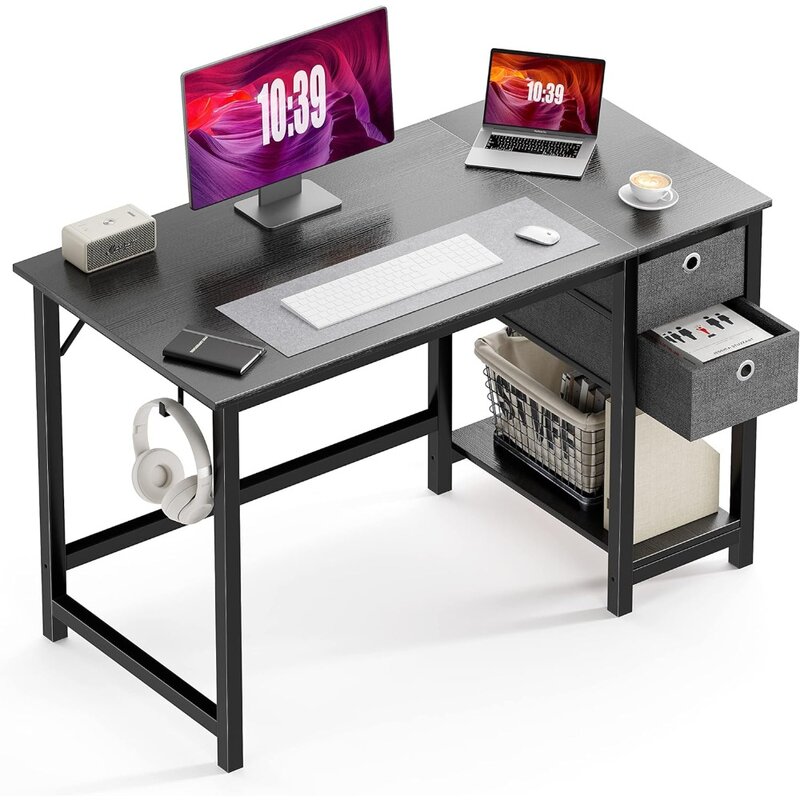 Computer Desk 48 Inch Home Office Writing Work PC Table Study Gaming 2-Tier Drawers Storage Shelf Side Headphone Hook