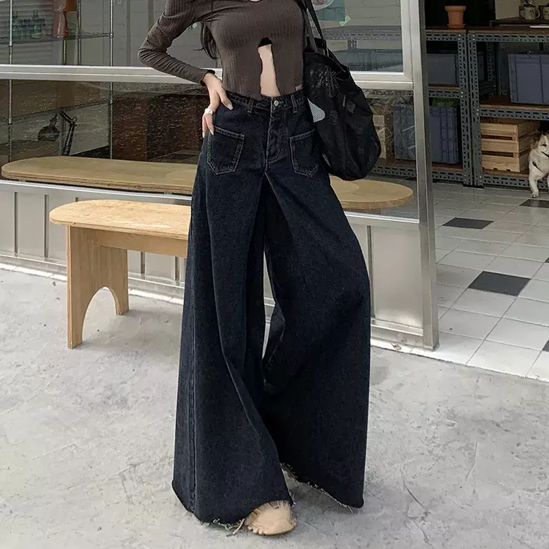 Jeans de perna larga vintage feminino, jeans folgados pretos góticos, calças coreanas soltas de cintura alta, streetwear de moda Y2K