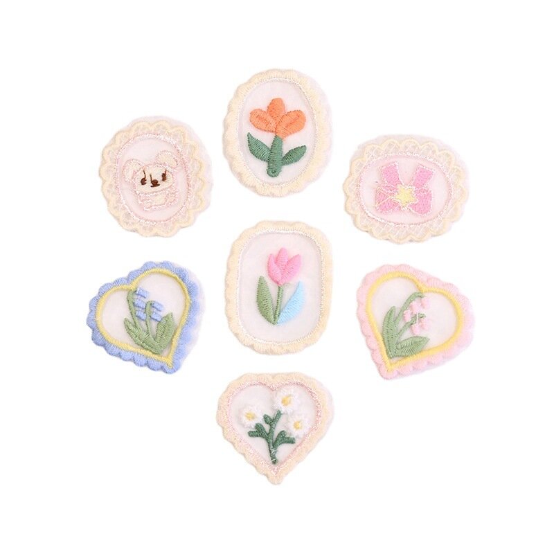 Cute Mini Hollow Mesh Love Flower Patches, Bordados Headwear Roupas DIY, Suprimentos de costura, Lace Fabric Stickers, 10Pcs