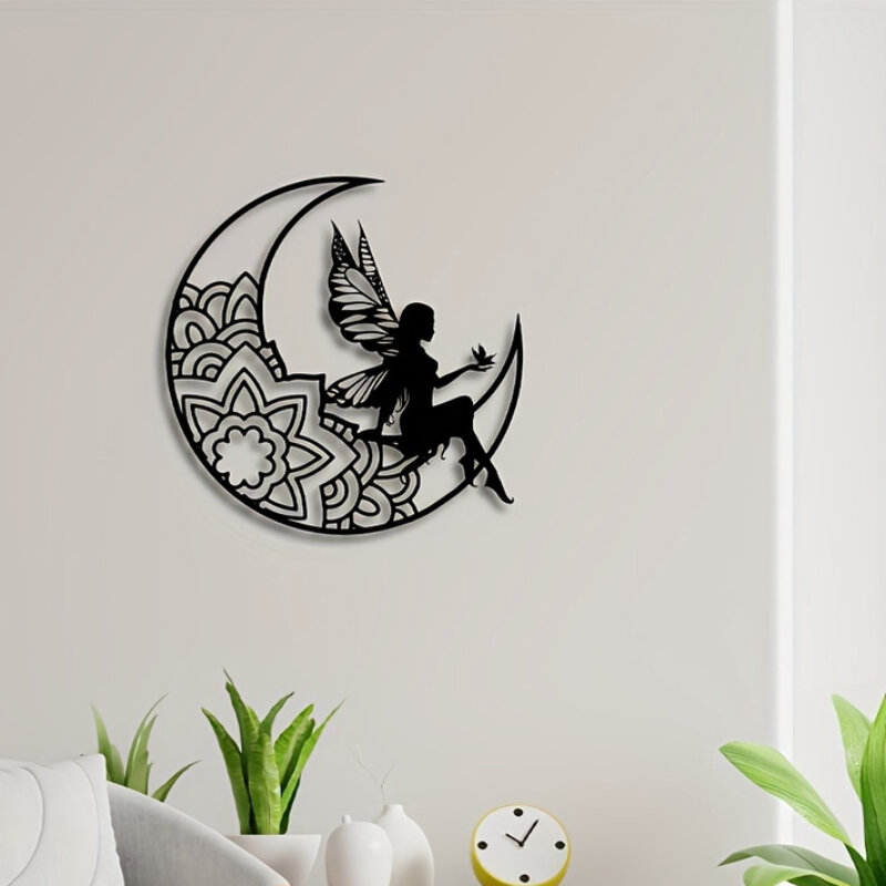 3D Moon Fairy Metal Signs Plaque, Fairy Metal Wall Art, Hollow Metal Silhouette For Room Outdoor Home Decor, funny decor