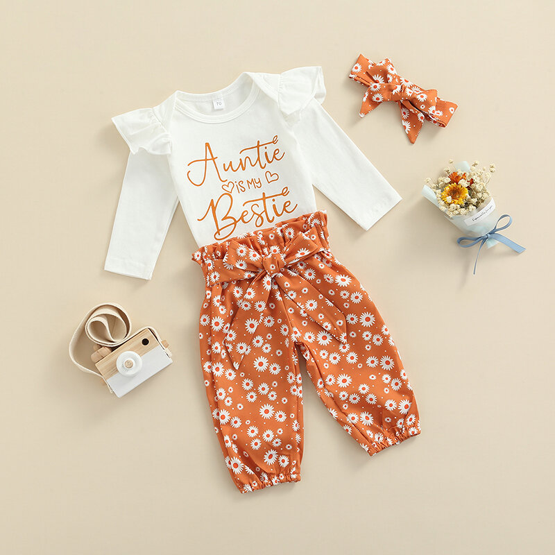 Комплект одежды для новорожденных девочек 0-18 месяцев, комплект из 3 предметов, детский комбинезон + длинные штаны + повязка на голову, Осень-зима