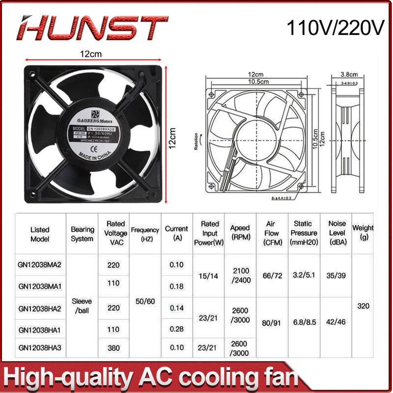 Hunst High Quality Cooling Fan Metal Aluminum Frame GN12038HA 120*120*38MM GN8025HA 80*80*25MM 110/220V AC 0.14/0.07A