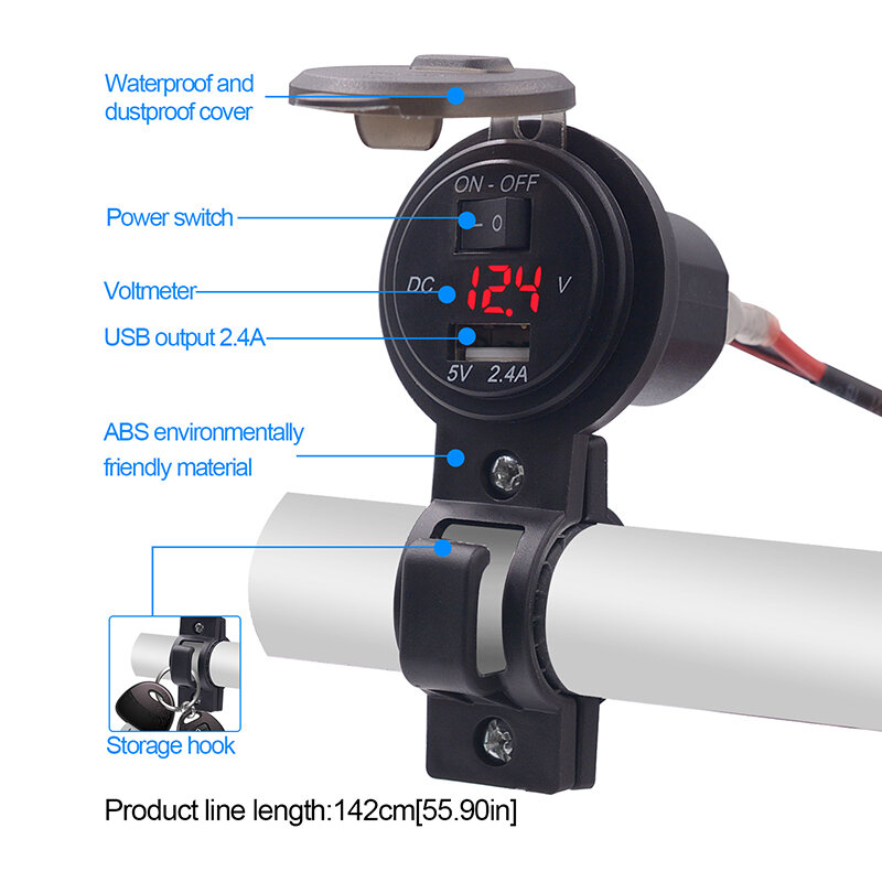 Car Charger 2.4A with Switch USB + Voltmeter  12V-24V Durable For All Phones Pad Motorcycles ATVs Snowmobiles Red / Blue