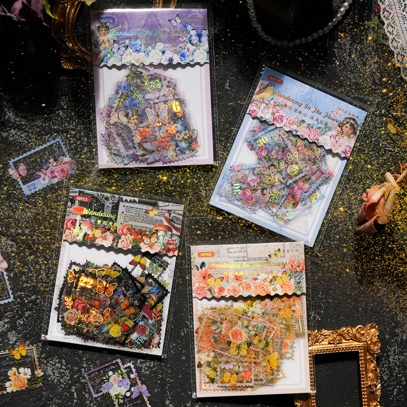 Um Registro de Série de Flores e Posts, Decoração Criativa Retro, Adesivos PET DIY, 8 Pacotes por Lote