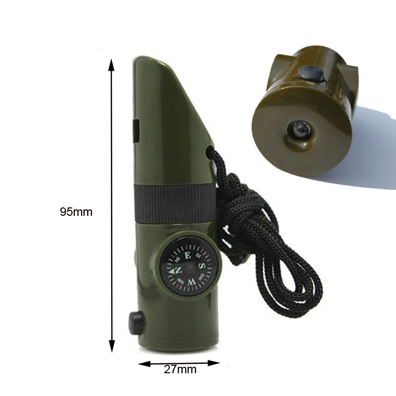 Mini silbato de supervivencia SOS 7 en 1, Kit de supervivencia para acampar, con brújula, termómetro, linterna, lupa, herramientas para senderismo al aire libre