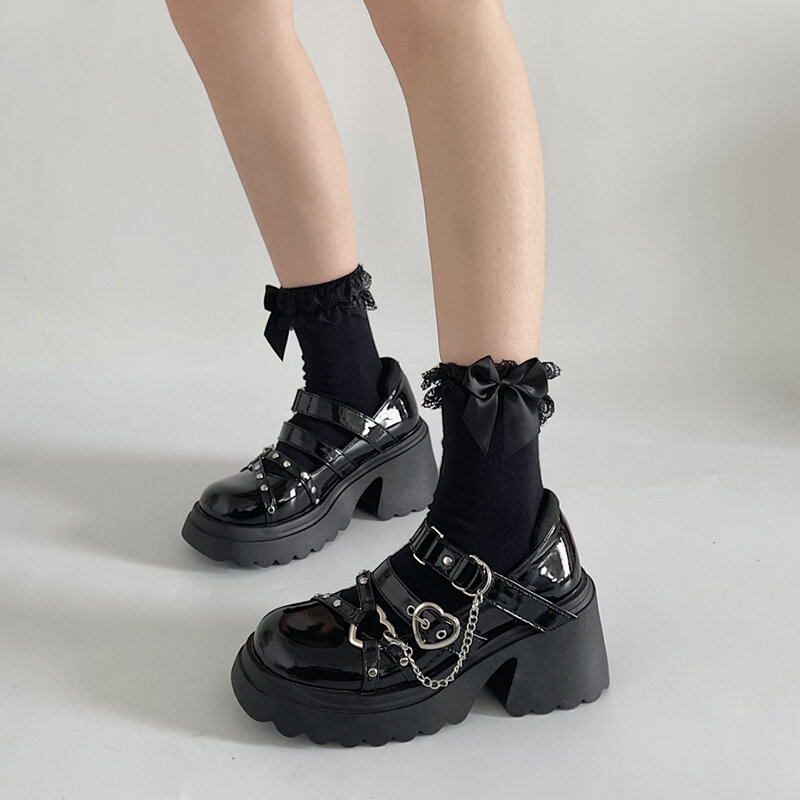 Sepatu pump Platform Punk wanita 2023 "musim semi rantai logam sepatu wanita Mary Jane Lolita sepatu Gotik hak tinggi kulit paten Jepang