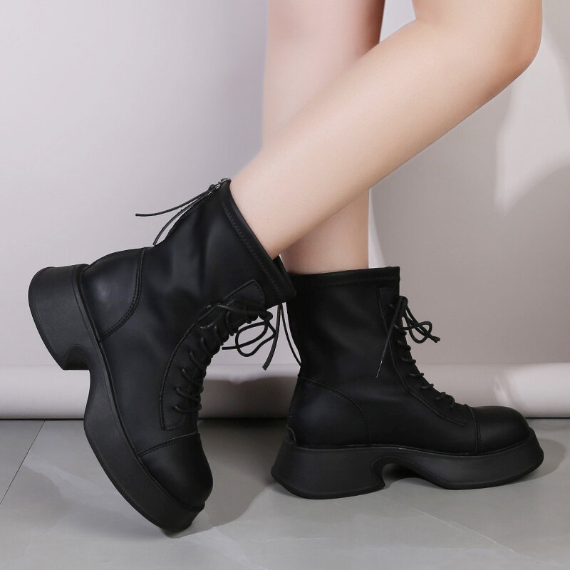 Botines de piel sintética con plataforma para mujer, botas modernas con cordones y cremallera lateral, punta redonda, versátiles, 2023