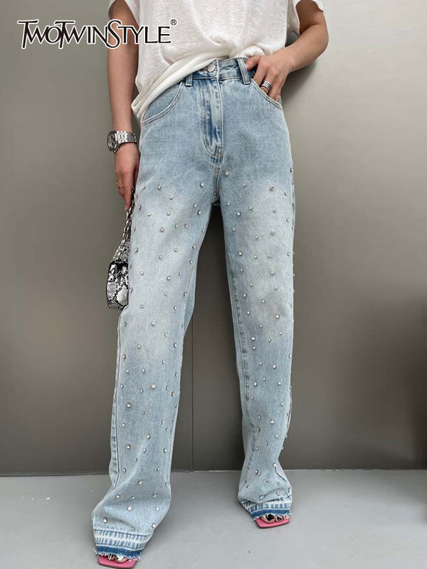 بنطلون جينز مزخرف من TWOTWINSTYLE للنساء بخصر عالٍ مزين بأزرار رفيعة ملابس نسائية على الموضة