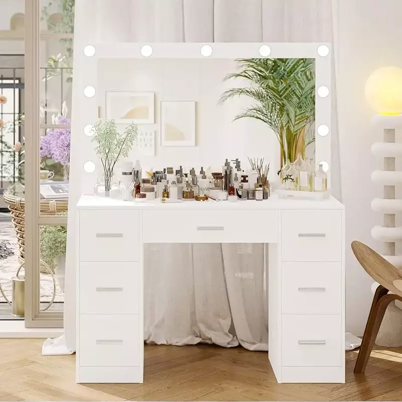 Туалетный столик, макияжный столик с подсветкой зеркала, 3 режима освещения, регулируемая яркость, туалетный столик с ящиками, белый