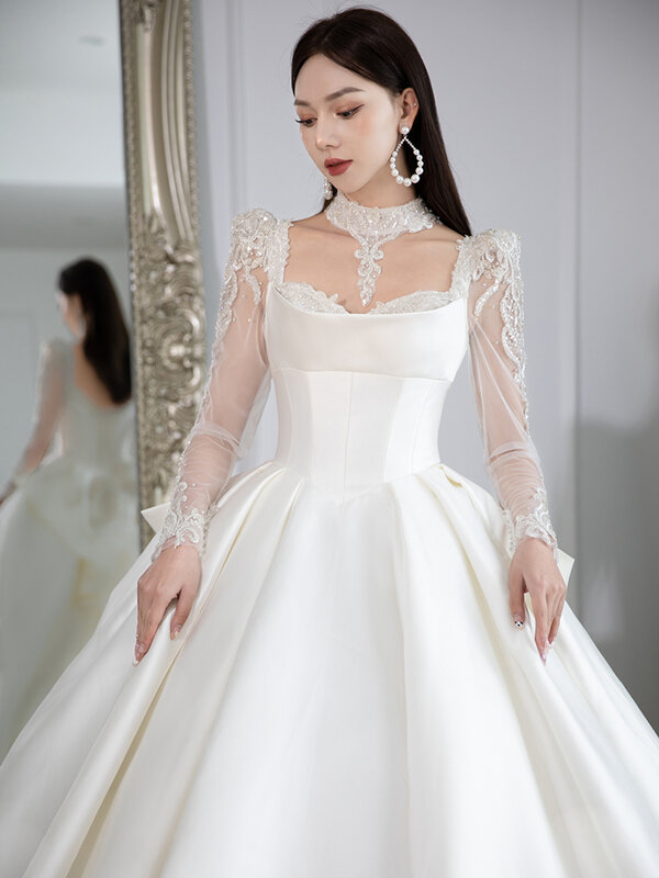 Gaun pernikahan Satin Perancis, gaun pengantin lengan panjang baru 2023, gaun pengantin tekstur tinggi industri berat