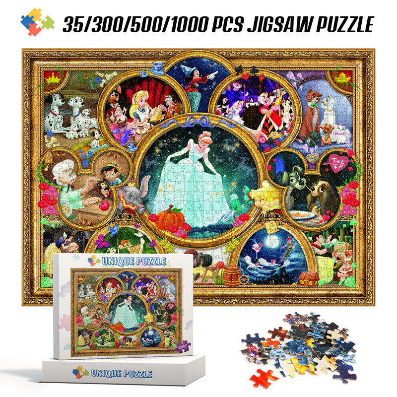 Disney 35/300/500/1000 Pcs Jigsaw Puzzles Disney Princess Character Collection Anime Puzzle Thick Cardboard Children Adults Toys