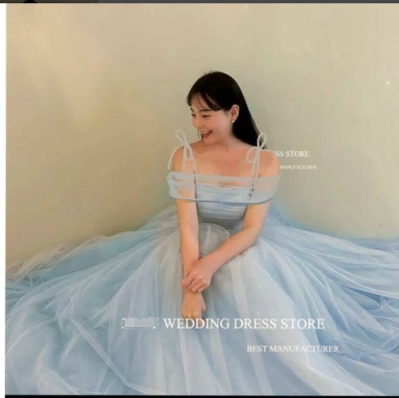 OLOEY Elegant Light Blue Tulle Evening Dresses Bolero Long Spaghetti Straps Prom Gowns Wedding Photoshoot