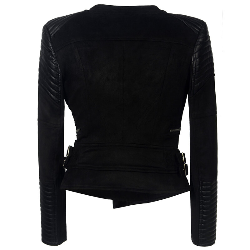 VOLALO jaket kulit imitasi wanita, Luaran jaket kulit imitasi warna hitam musim dingin musim gugur 2024