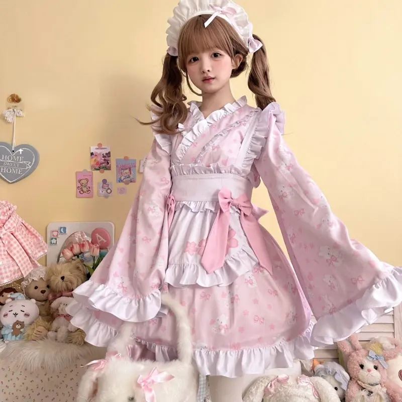 Gaun Lolita Kawaii Jepang gaun Mini wanita gambar kelinci lucu manis gaun pesta pita gaun Mini Harajuku Y2k Ruffes dengan celemek pelayan Lolita Set