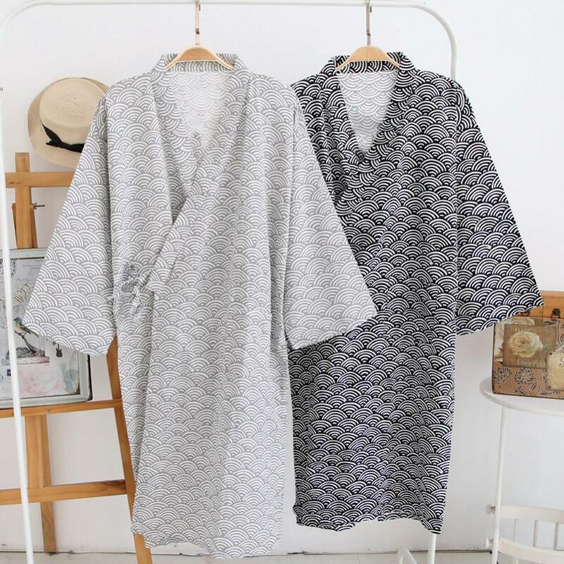 Men Fashion Printing Kimono Robe Sleepwear Nightgown Loose Mid Length Bathrobe