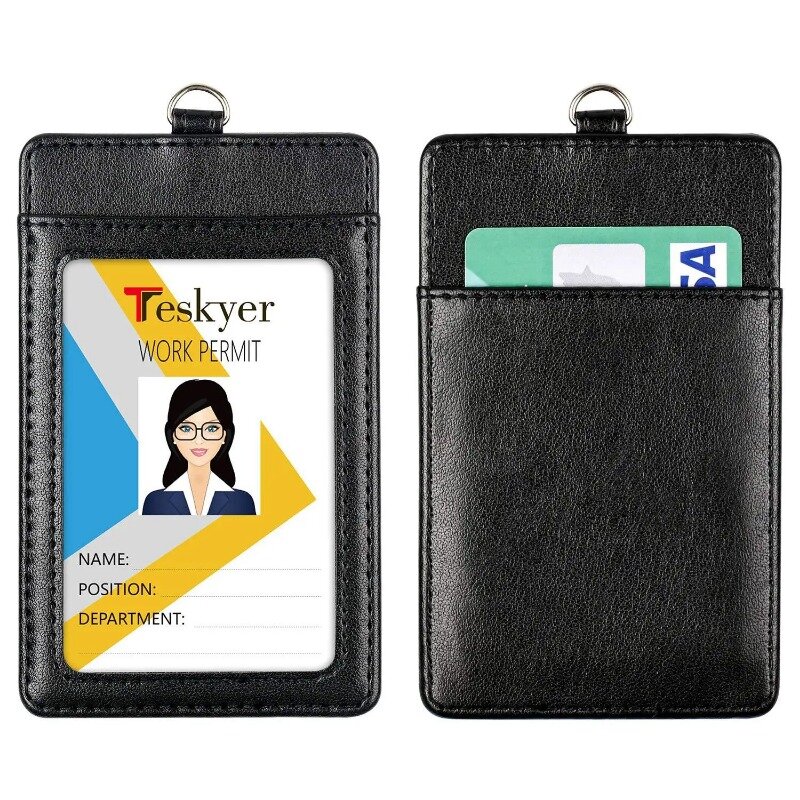 유니섹스 블랙 PU 가죽 카드홀더, 목 끈, 카드 슬롯 2 개, ID 신용 카드 배지 홀더 지갑, 학교 사무용품