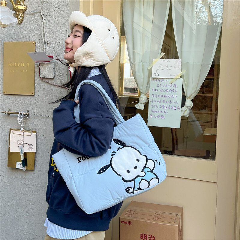 Sanrio desenhos animados para baixo tecido bolsa, Kuromi sacola, bolsa bonito, grande capacidade saco de ombro, bonito papelaria saco, novo, 2022, para baixo