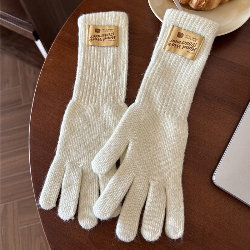 Sarung tangan rajut wanita, sarung tangan hangat tebal warna polos Korea musim dingin 2023 jari penuh