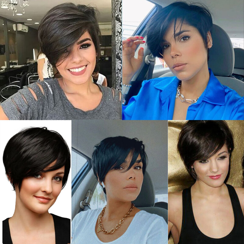 Pixie Cut 100% Wig rambut manusia dengan poni samping untuk wanita Wig rambut manusia berlapis Remy pendek rambut hitam alami Brasil murah