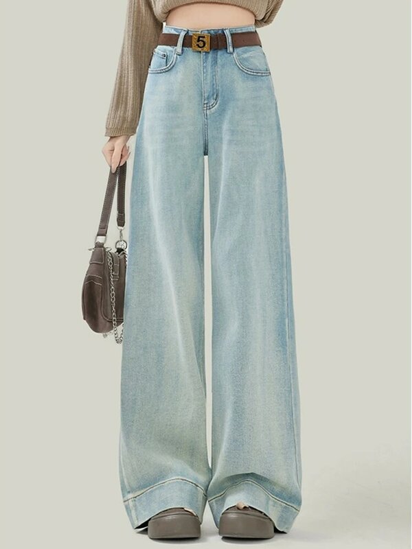 Женские джинсы с широкими штанинами, голубые прямые джинсы с высокой талией, простые повседневные модные однотонные мешковатые джинсы