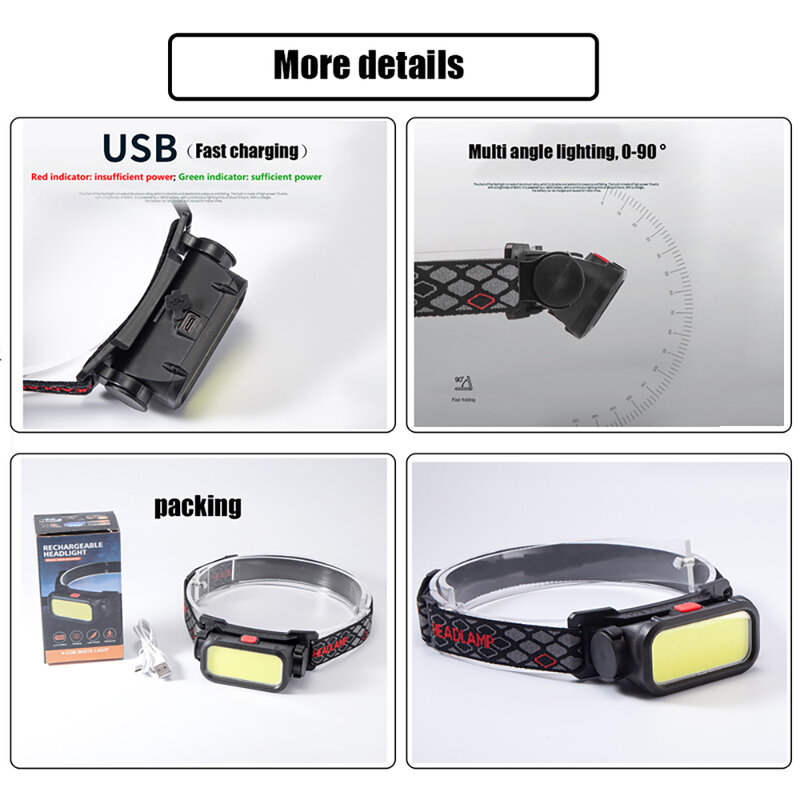휴대용 강력한 LED 헤드램프, USB 충전식 COB 헤드라이트, 적색 조명, 방수 야간 낚시 헤드 램프 토치, 4 가지 모드