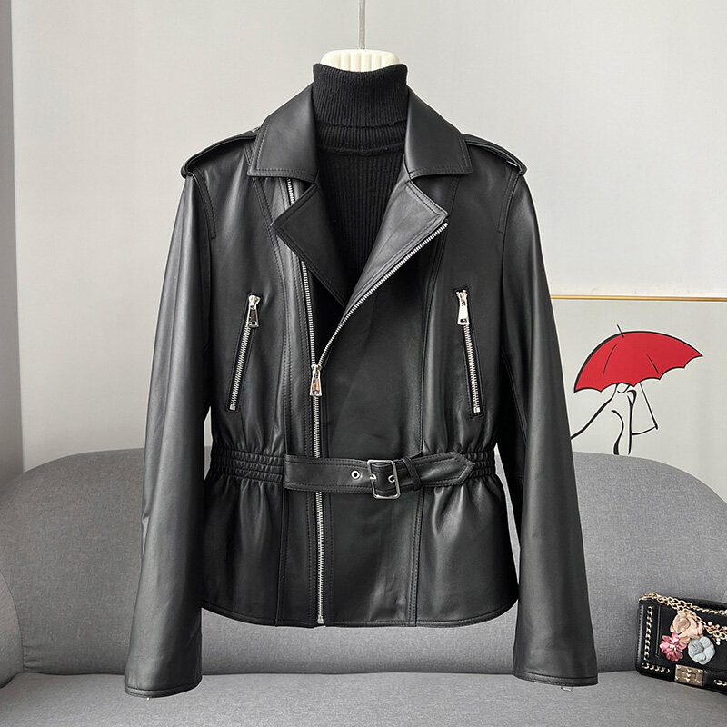 Jaqueta de couro genuíno feminino turn down collar casaco de pele carneiro cinto de manga completa jaquetas biker lady streetwear fg5400