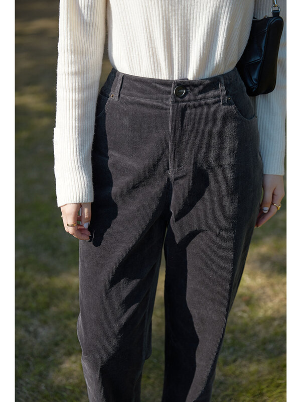 DUSHU-Pantalones informales de pana que combinan con todo para mujer, pantalón cónico grueso, Retro, caqui, de cintura alta, holgado