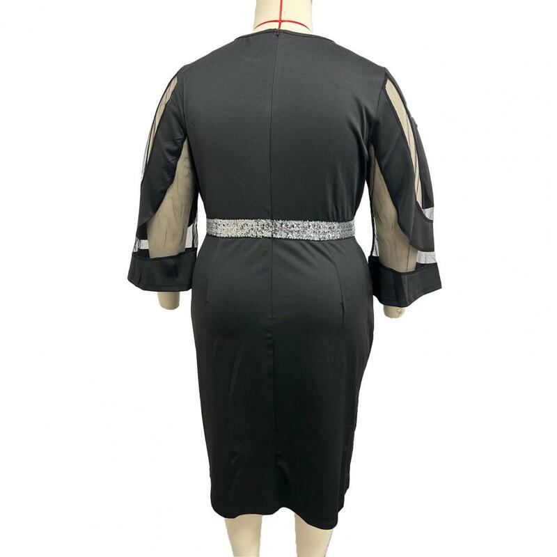 Dress kain poliester wanita, gaun Mini kasual elegan ukuran besar gaun Midi dengan tambal sulam jala payet berkilau untuk perempuan