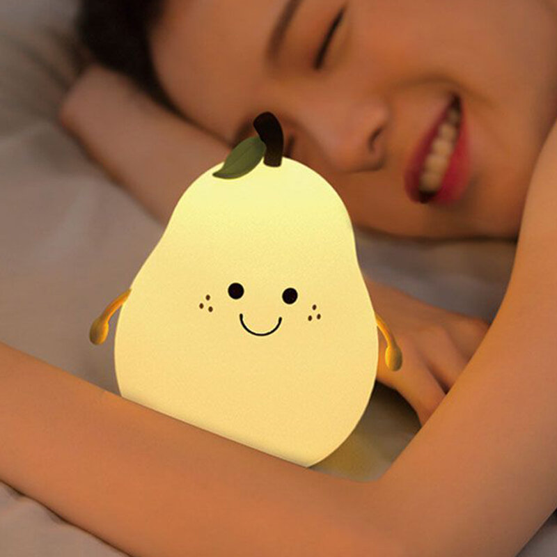 New Pear Fruit Silicone Night Light 7 Colors Dimming Touch USB Rechargeable Cartoon Bedside Lamp Bedroom Decor Cute Kid Gift