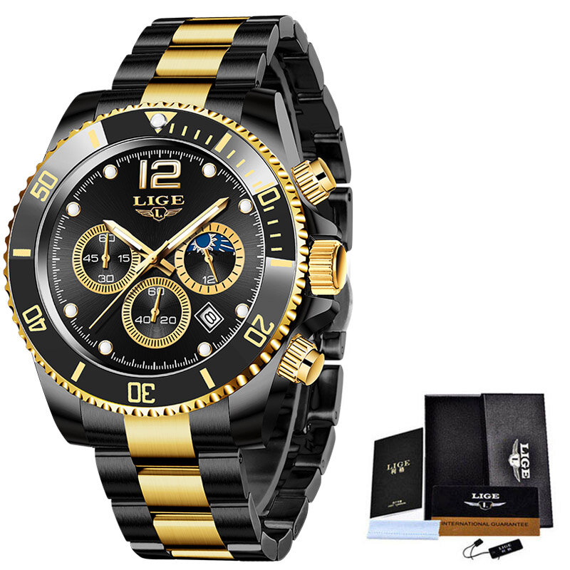LIGE Men’s Watches Top Brand Big Sport Watch Luxury Men Military Steel Quartz Wrist Watches Chronograph Gold Design Male Clock